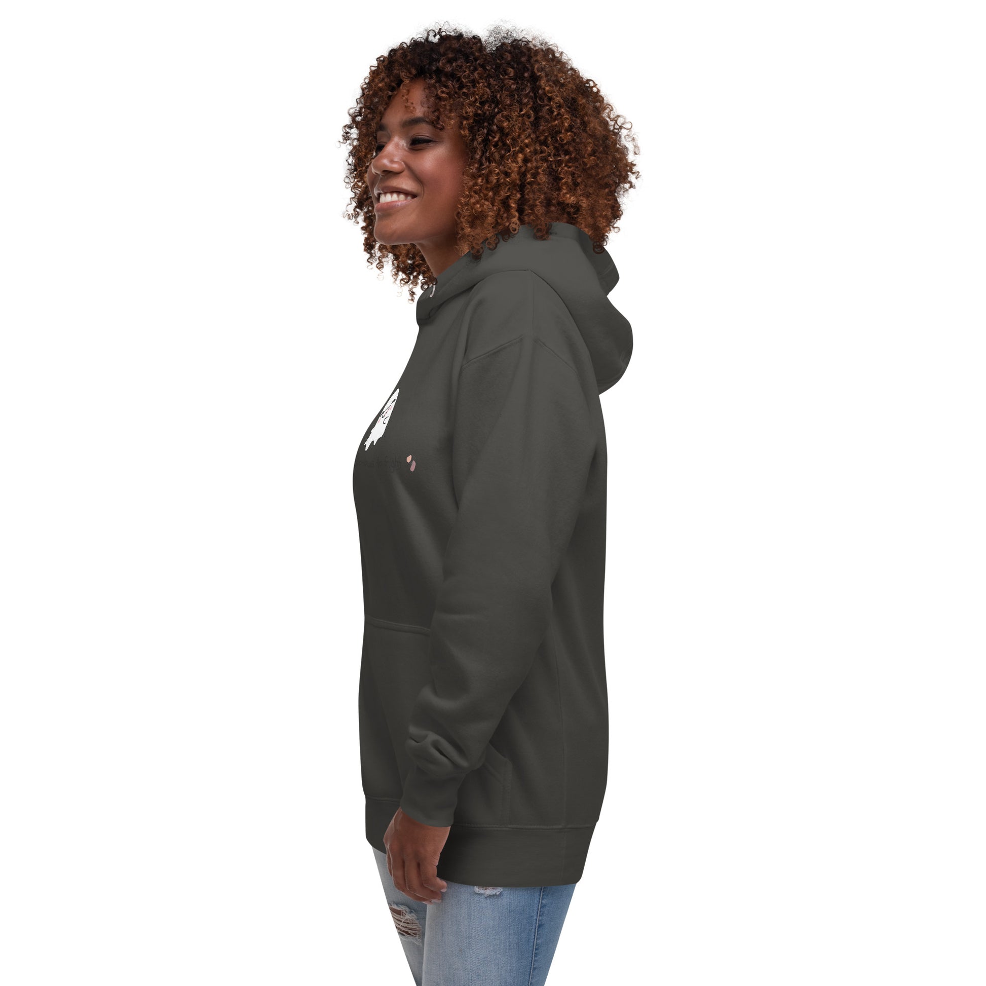 Image 43 of Dusty Rose Boo Luxe Hoodie - Left Placement, size L, with Fa Boo Lous artwork visible in front view, left-side angle.