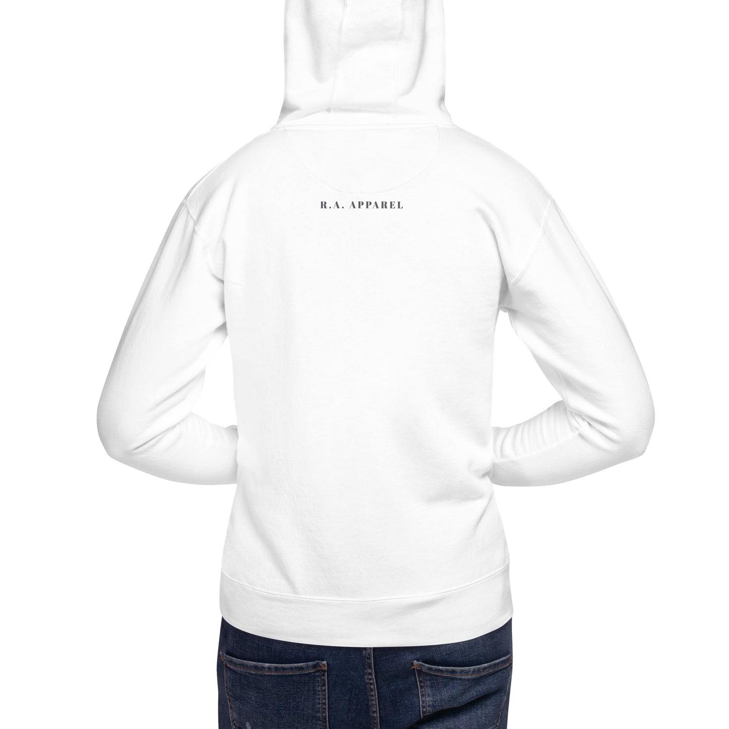 Image 2 of Navy Blazer Fortitude Hoodie - Left Placement, size M, with Soldier On artwork visible in back view.