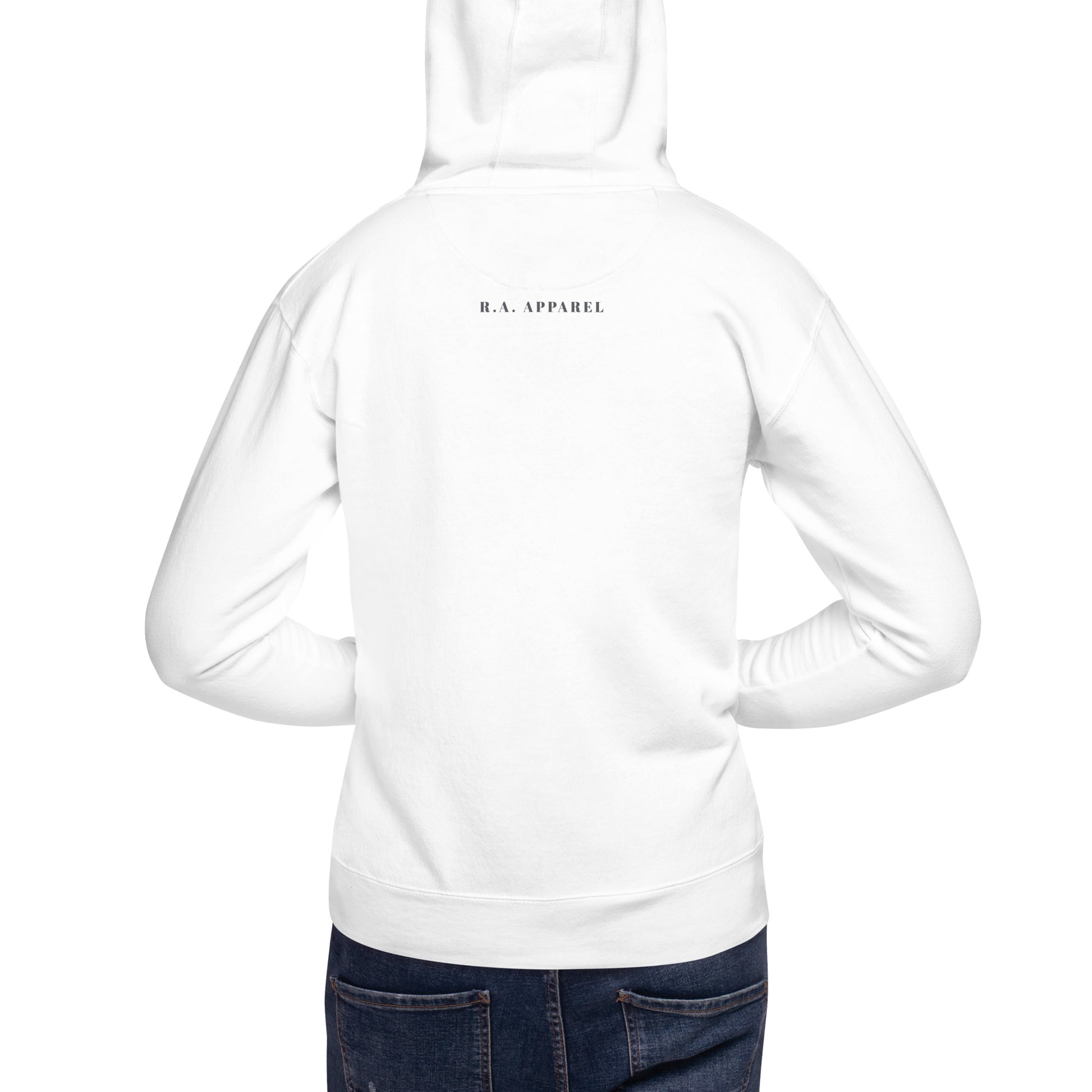 Image 2 of Navy Blazer Fortitude Hoodie - Left Placement, size M, with Soldier On artwork visible in back view.