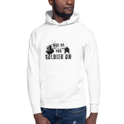 Fortitude Hoodie - Left Placement image 1: Navy Blazer version, size S with front view of the Soldier On range.