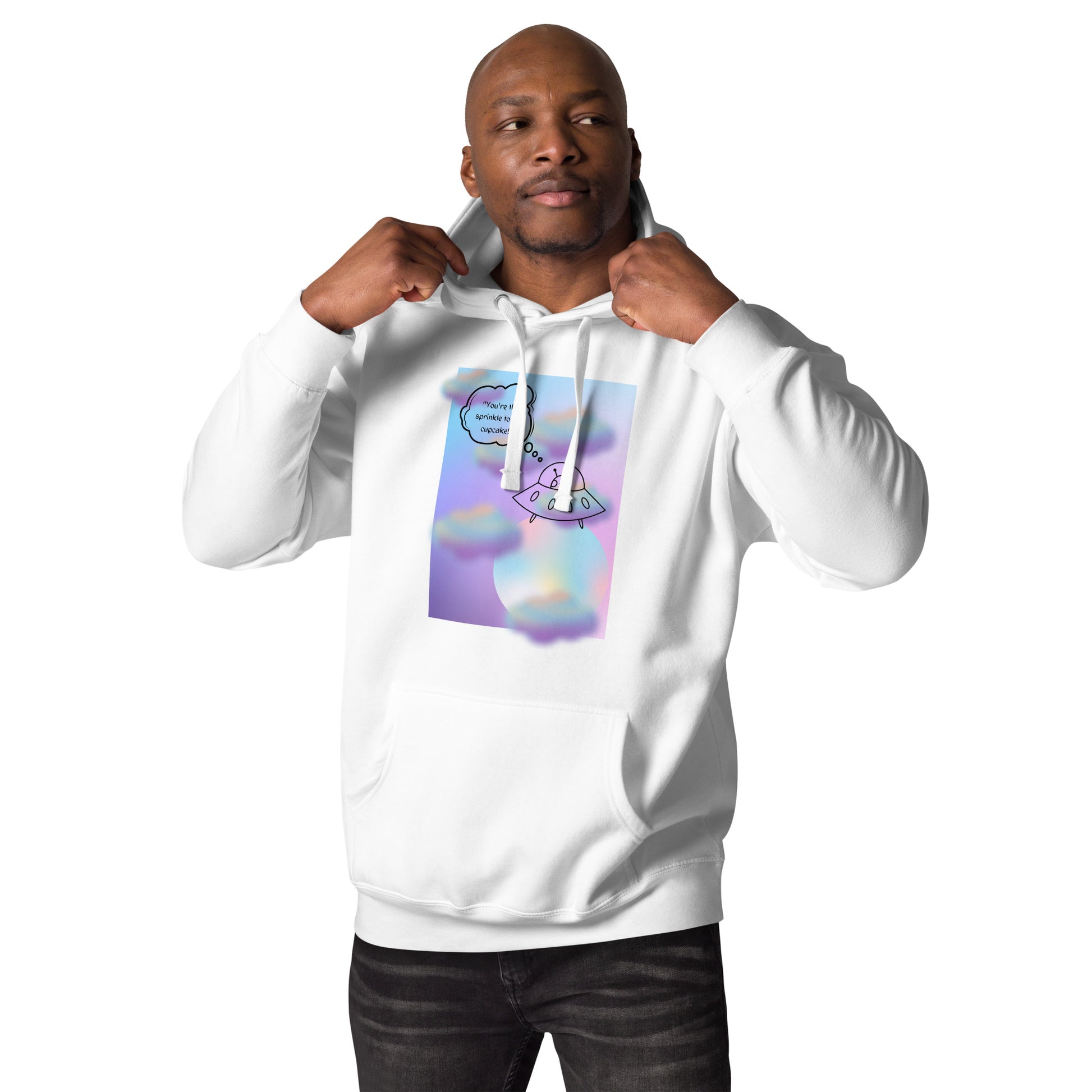 Sprinkle Theory Hoodie - Left Placement image 1 in Black, size S, showing front view for the You're the Sprinkle to My Cupcake design.