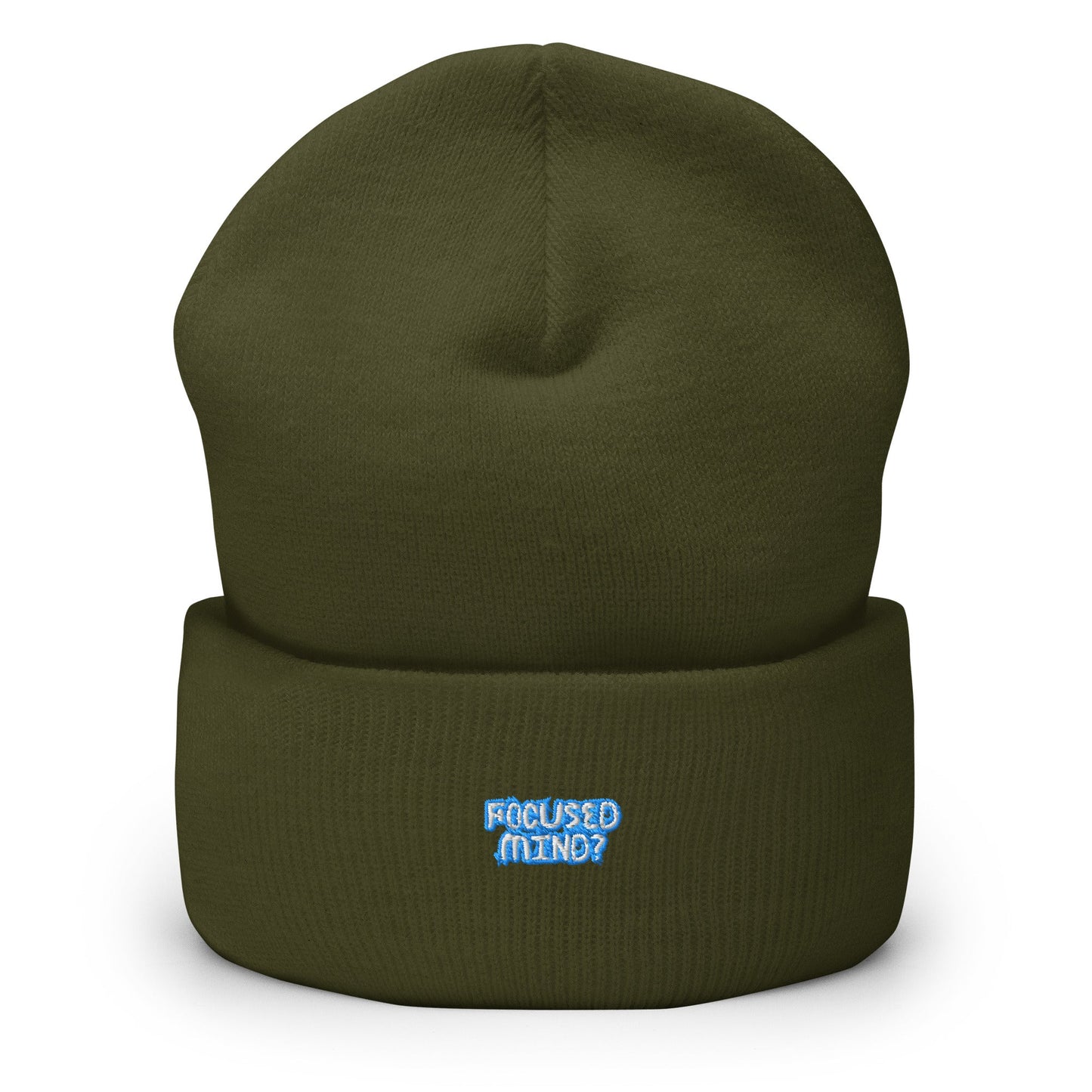 Image 7 of Olive Mindstate Beanie - Left Placement, with Focused Mind artwork visible in front view.