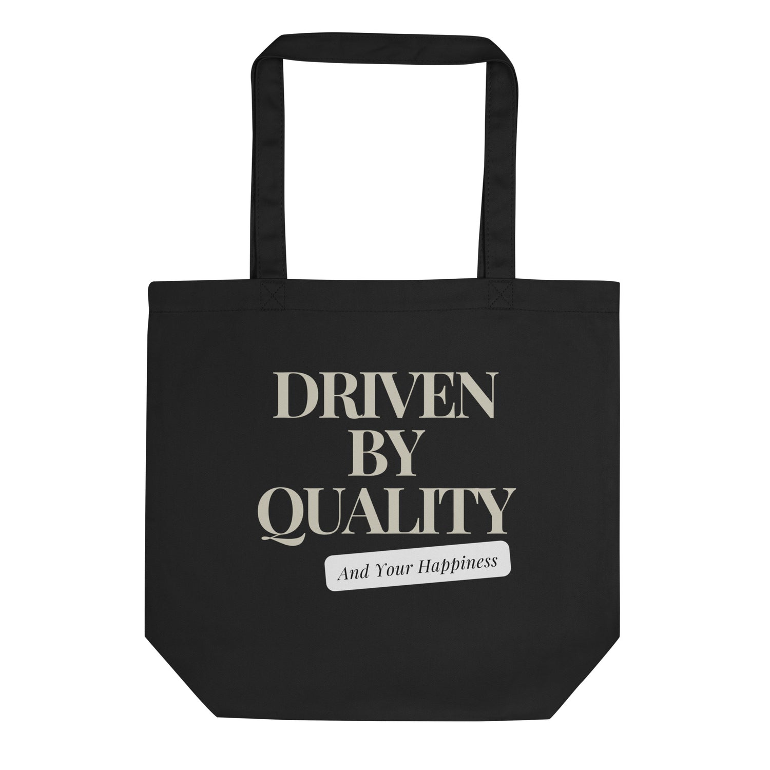 Image 1 of Black Quality Driven Tote Bag - Left Placement, with Driven by Quality artwork visible in front view.
