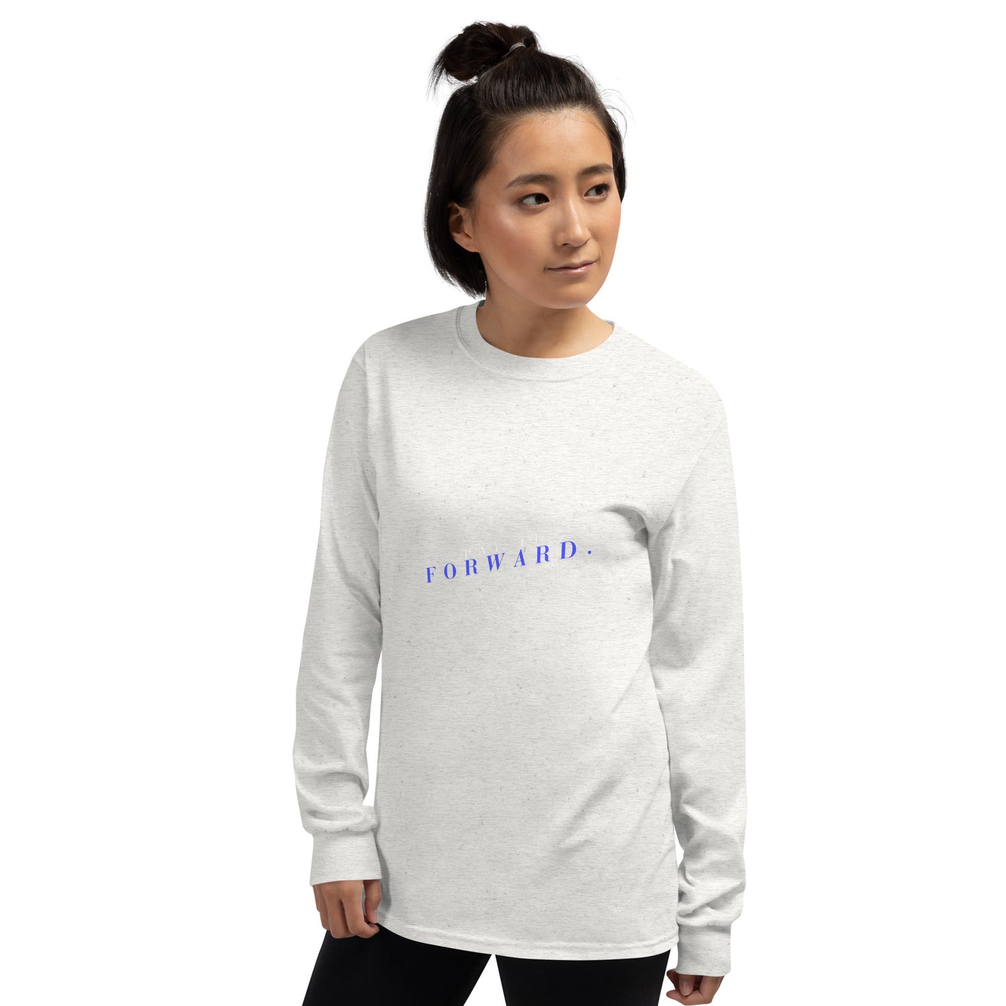 Image 4 of Black Forward Kind Men's Long Sleeve Shirt - Left Placement, size XL, with Pay It Forward artwork visible in front view, left-side angle.