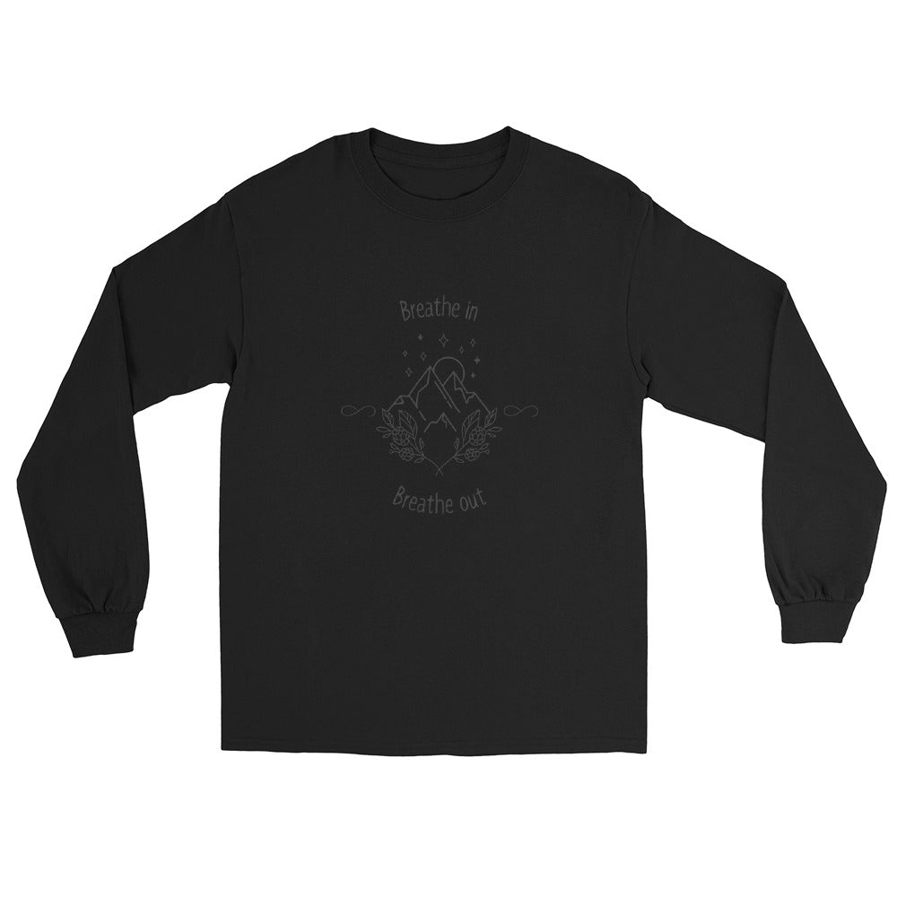 Exhale Men's Long Sleeve Shirt - Left Placement image 1 in Black, size S, showing front view for the Breathe in and Breathe Out design.