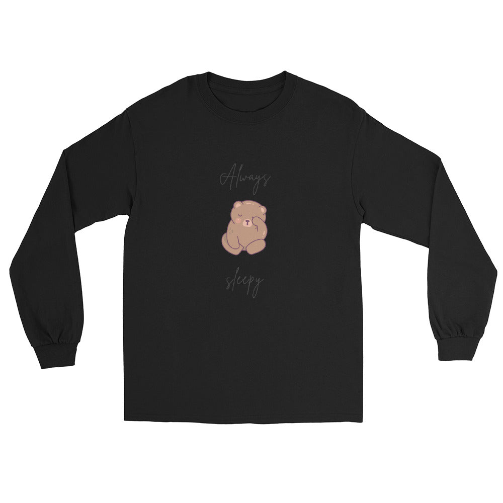 Image 1 of Black Nightcall Men's Long Sleeve Shirt - Left Placement, size S, with Always Sleepy artwork visible in front view.