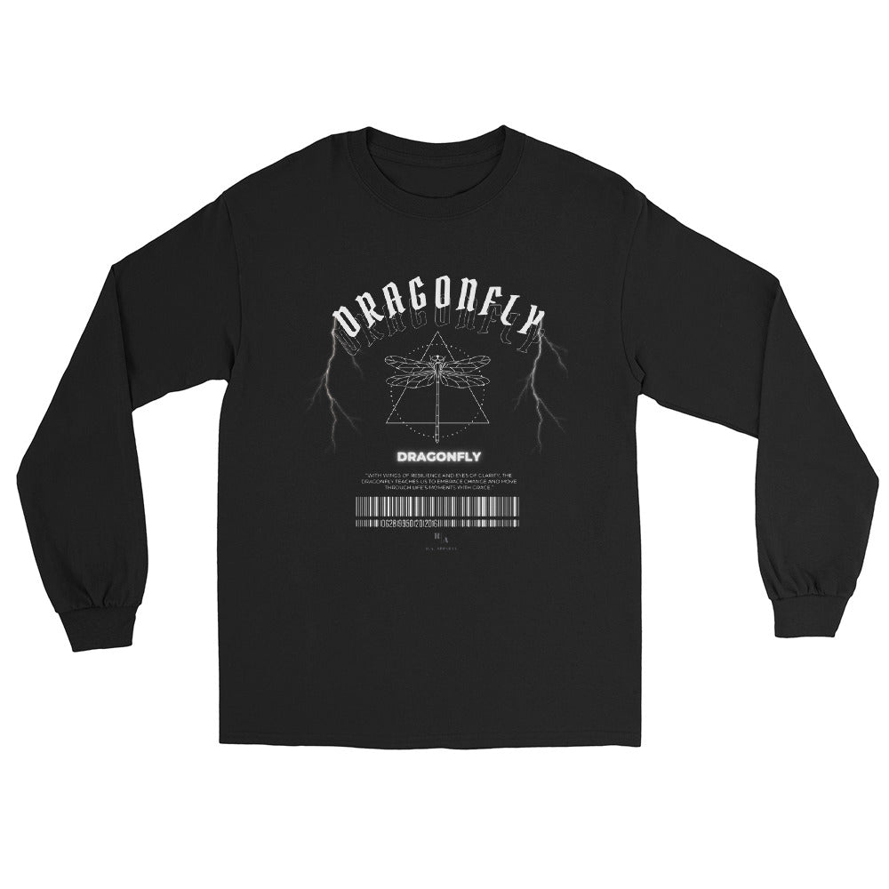Image 1 of Black Dragonfly Men's Long Sleeve Shirt - Left Placement, size S, with Dragonfly artwork visible in front view.