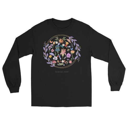Image 1 of Black Bloomrise Men's Long Sleeve Shirt - Left Placement, size S, with Bloom Baby Bloom artwork visible in front view.