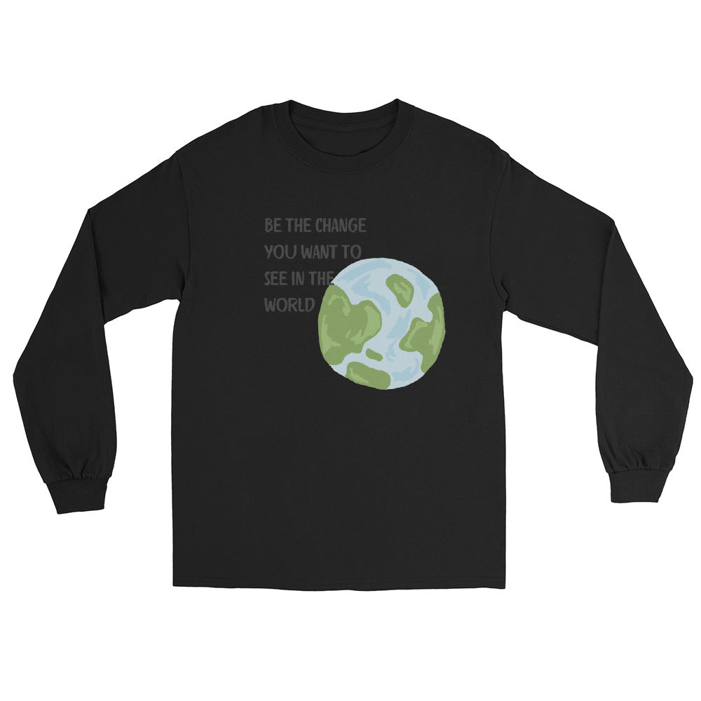 Image 2 of Black Change Signal Men's Long Sleeve Shirt - Left Placement, size M, with Be the Change artwork visible in front view.