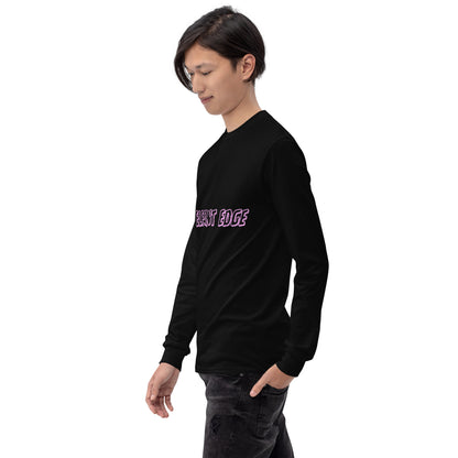 Image 10 of Navy Noir Edge Men's Long Sleeve Shirt - Left Placement, size L, with Elegant Edge artwork visible in front view, left-side angle.