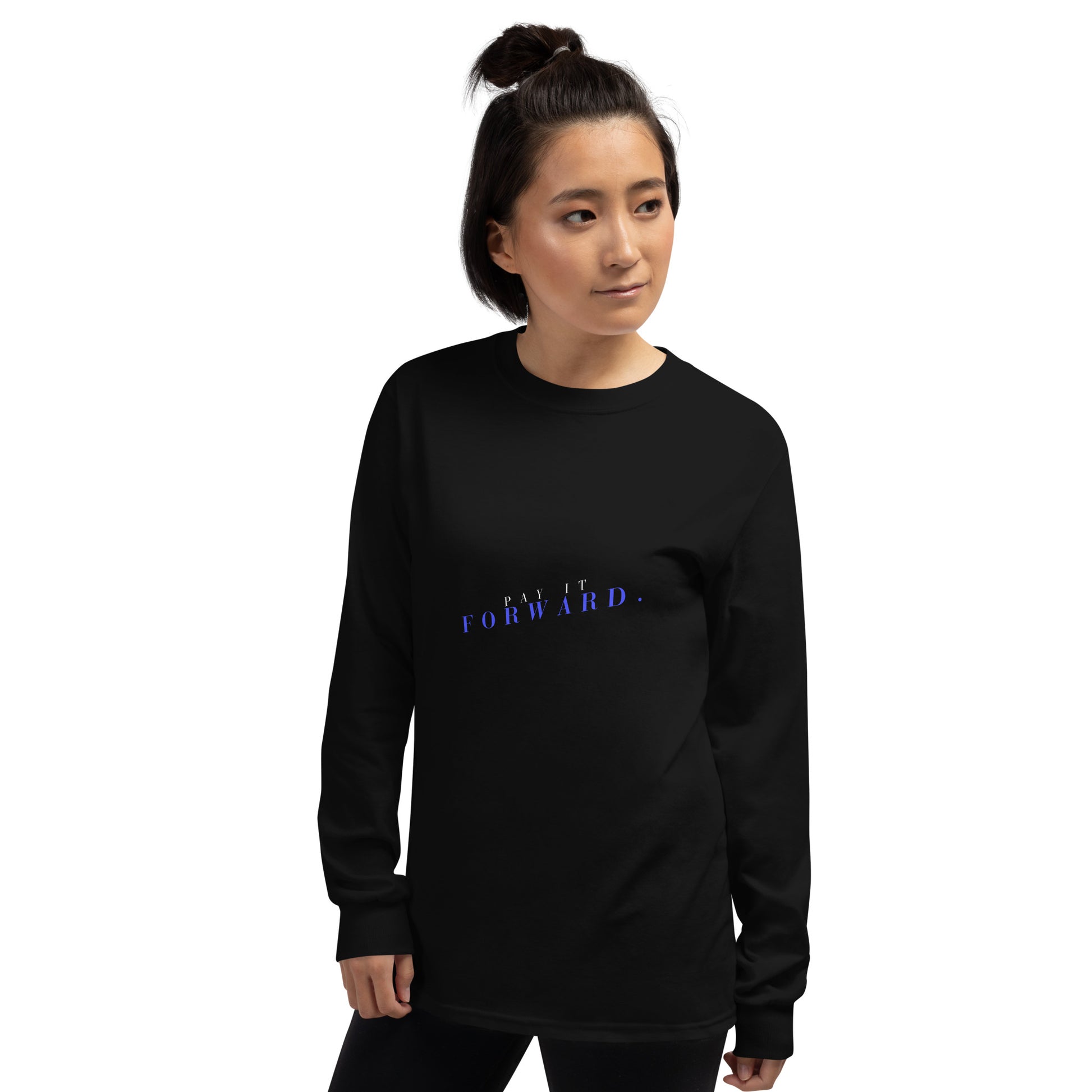 Image 1 of Black Forward Kind Men's Long Sleeve Shirt - Left Placement, size S, with Pay It Forward artwork visible in front view, left-side angle.