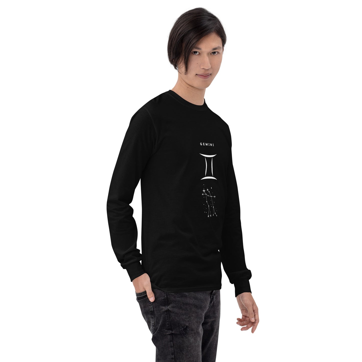 Twin Signal Men's Long Sleeve Shirt - Left Placement image 2: Black version, size M with front view, right-side angle of the Gemini range.