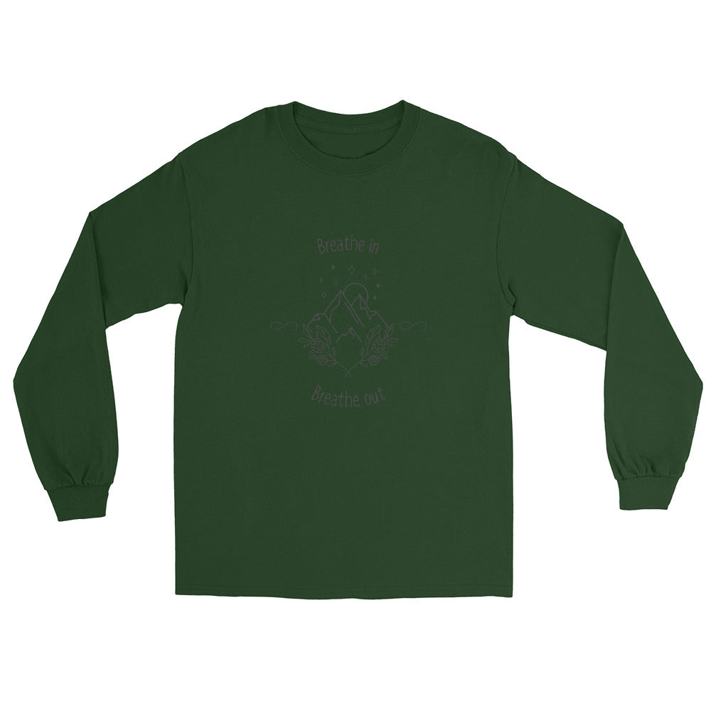 Exhale Men's Long Sleeve Shirt - Left Placement by R.A. Apparel, image 3, front view, Black, size L, left placement.