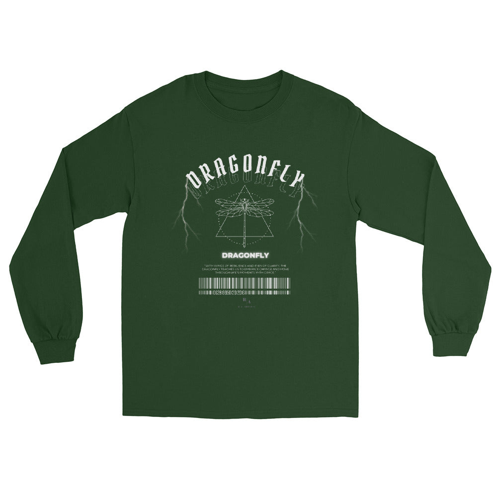 Image 3 of Black Dragonfly Men's Long Sleeve Shirt - Left Placement, size L, with Dragonfly artwork visible in front view.