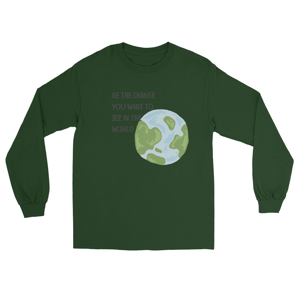 Image 4 of Black Change Signal Men's Long Sleeve Shirt - Left Placement, size XL, with Be the Change artwork visible in front view.