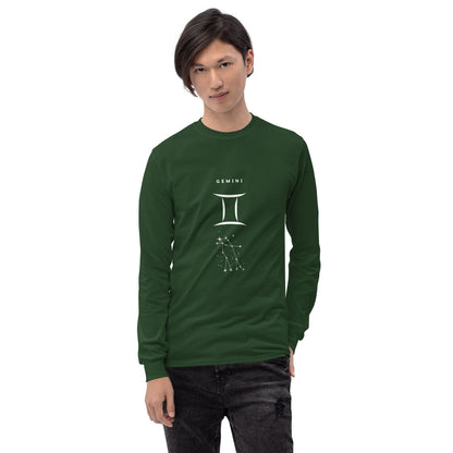 Image 19 of Forest Green Twin Signal Men's Long Sleeve Shirt - Left Placement, size XL, with Gemini artwork visible in front view.