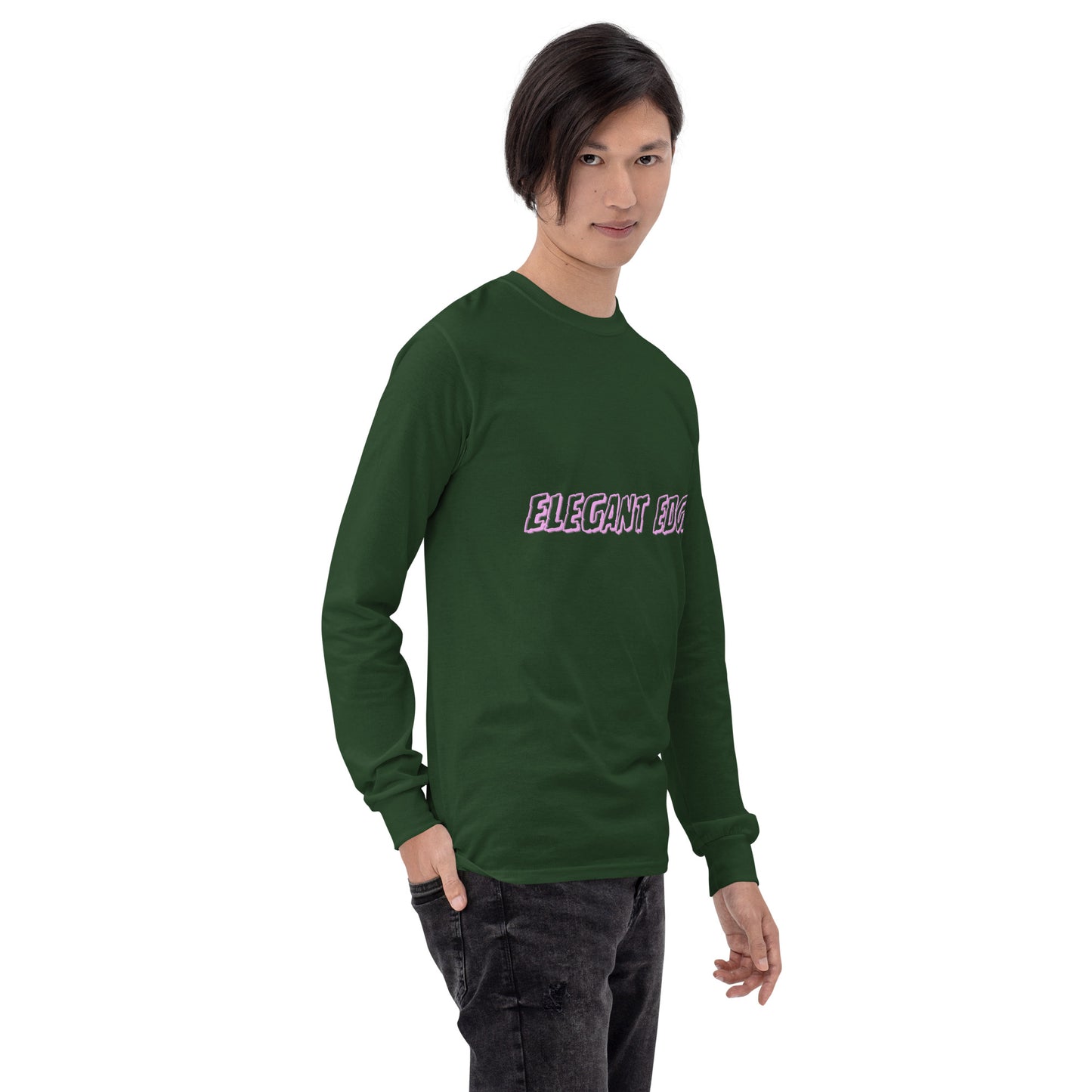 Noir Edge Men's Long Sleeve Shirt - Left Placement by R.A. Apparel, image 24, front view, right-side angle, Forest Green, size 2XL, left placement.