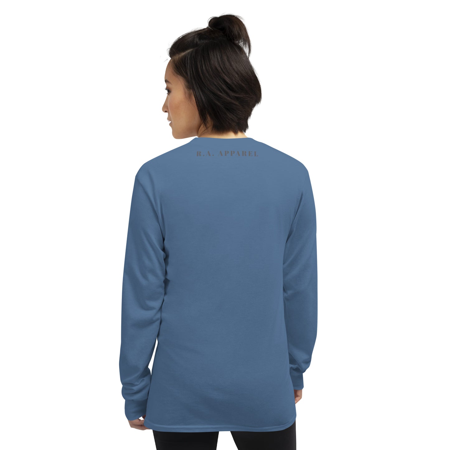 Image 8 of Navy Forward Kind Men's Long Sleeve Shirt - Left Placement, size S, with Pay It Forward artwork visible in back view.