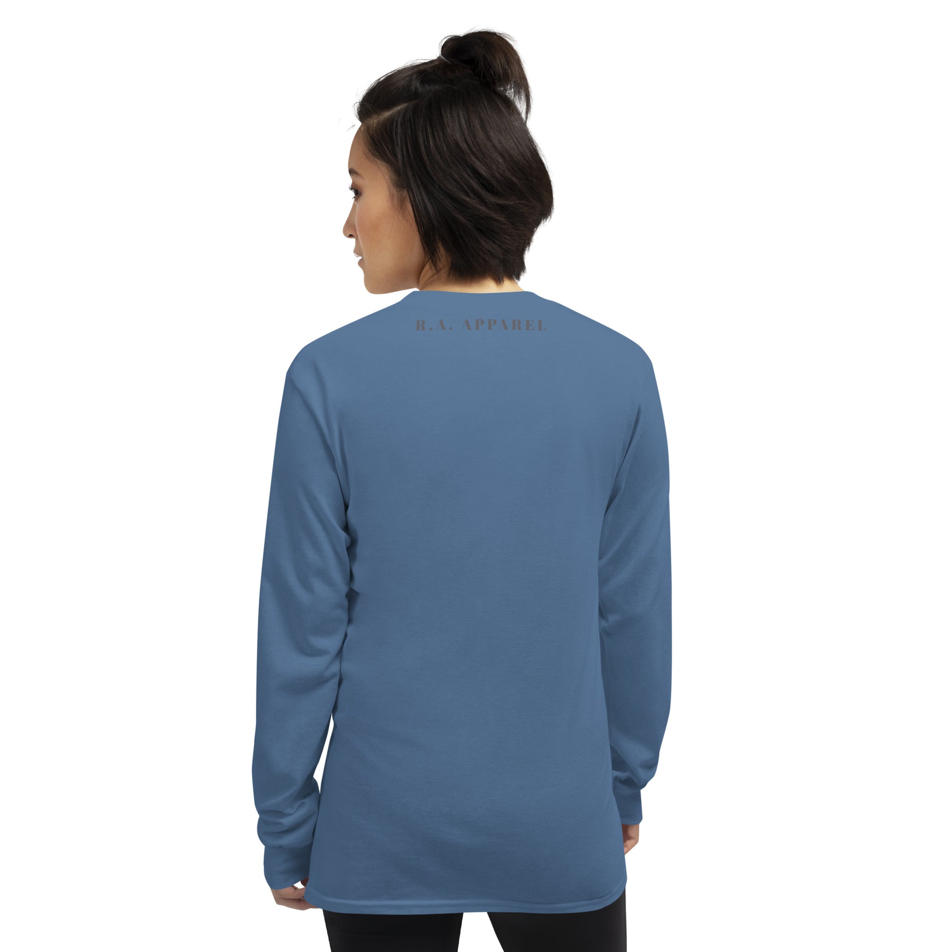 Image 8 of Navy Forward Kind Men's Long Sleeve Shirt - Left Placement, size S, with Pay It Forward artwork visible in back view.