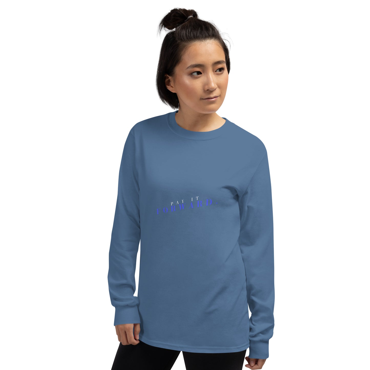 Forward Kind Men's Long Sleeve Shirt - Left Placement image 7 in Black, size 4XL, showing front view, left-side angle for the Pay It Forward design.
