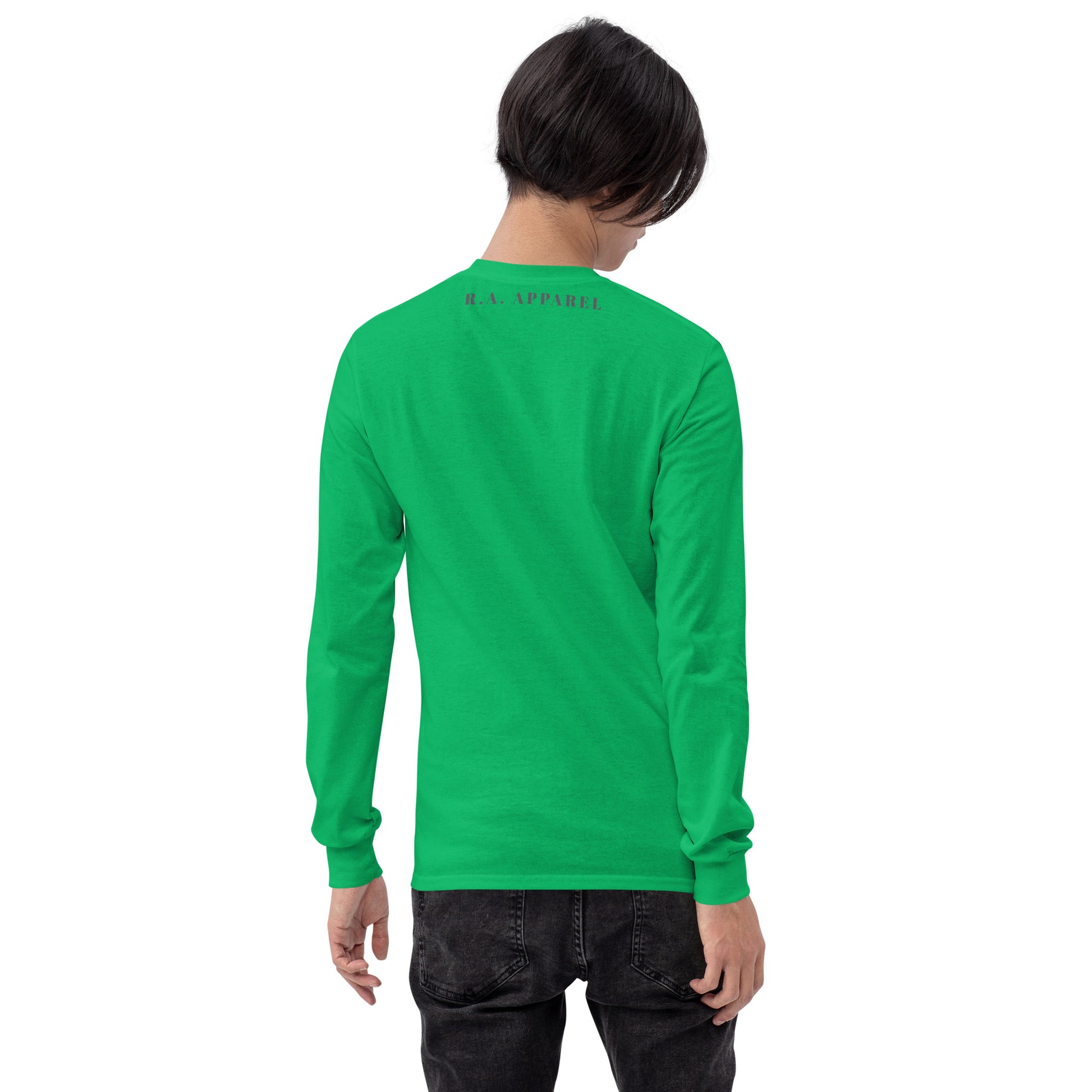 Moonhaven Long Sleeve Shirt by R.A. Apparel, image 50, back view, Sport Grey, size 2XL, design placement.