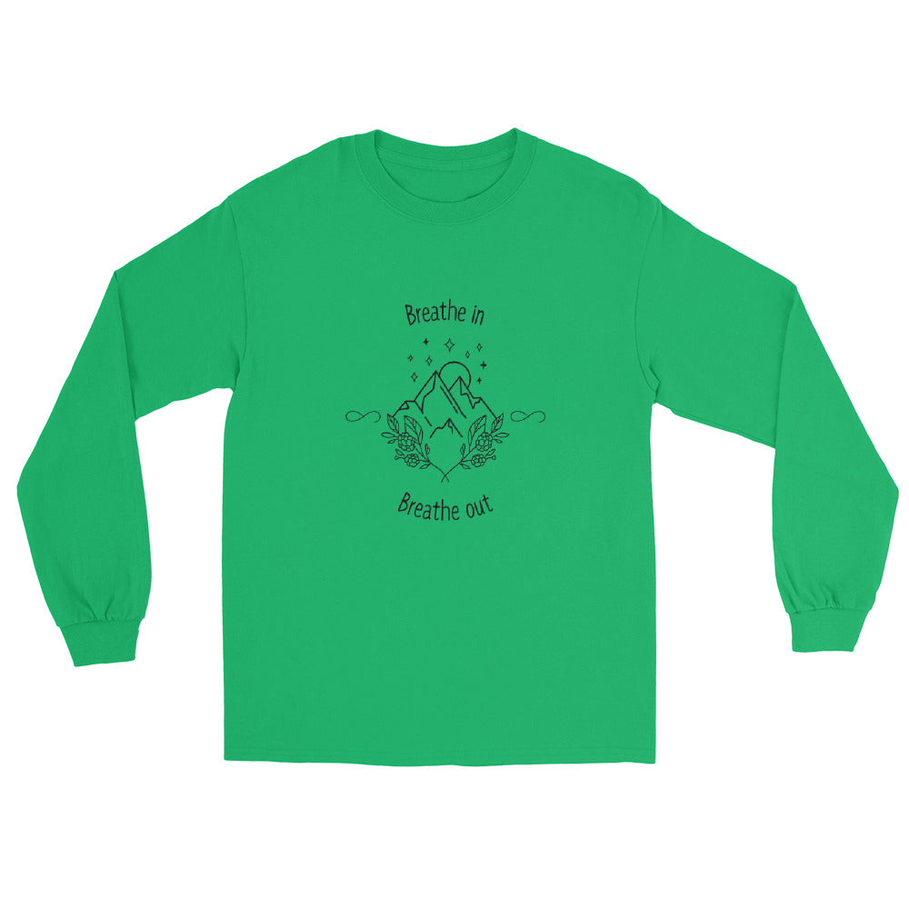 Exhale Men's Long Sleeve Shirt - Left Placement image 8 in Navy, size S, showing front view for the Breathe in and Breathe Out design.