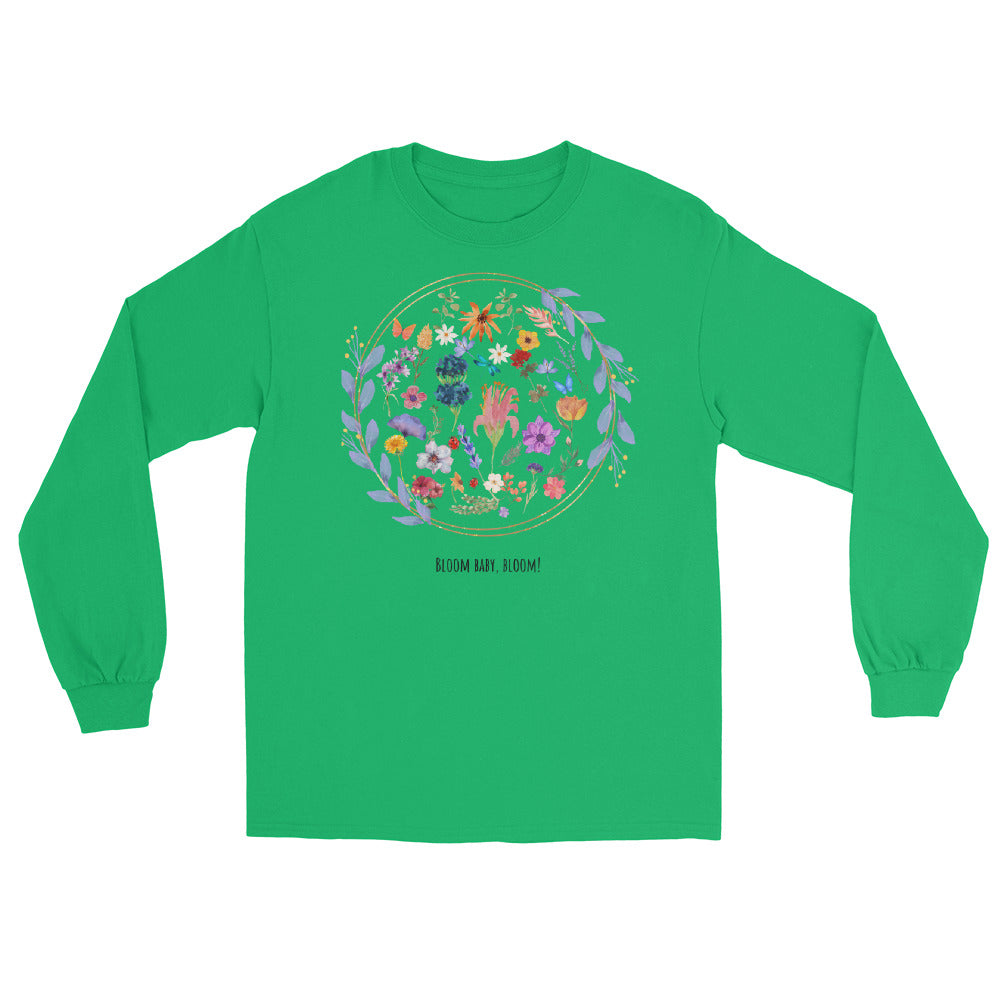 Image 9 of Navy Bloomrise Men's Long Sleeve Shirt - Left Placement, size M, with Bloom Baby Bloom artwork visible in front view.