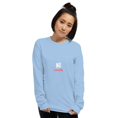 Limitless Men's Long Sleeve Shirt - Left Placement image 9: Navy version, size M with front view of the No Limits range.