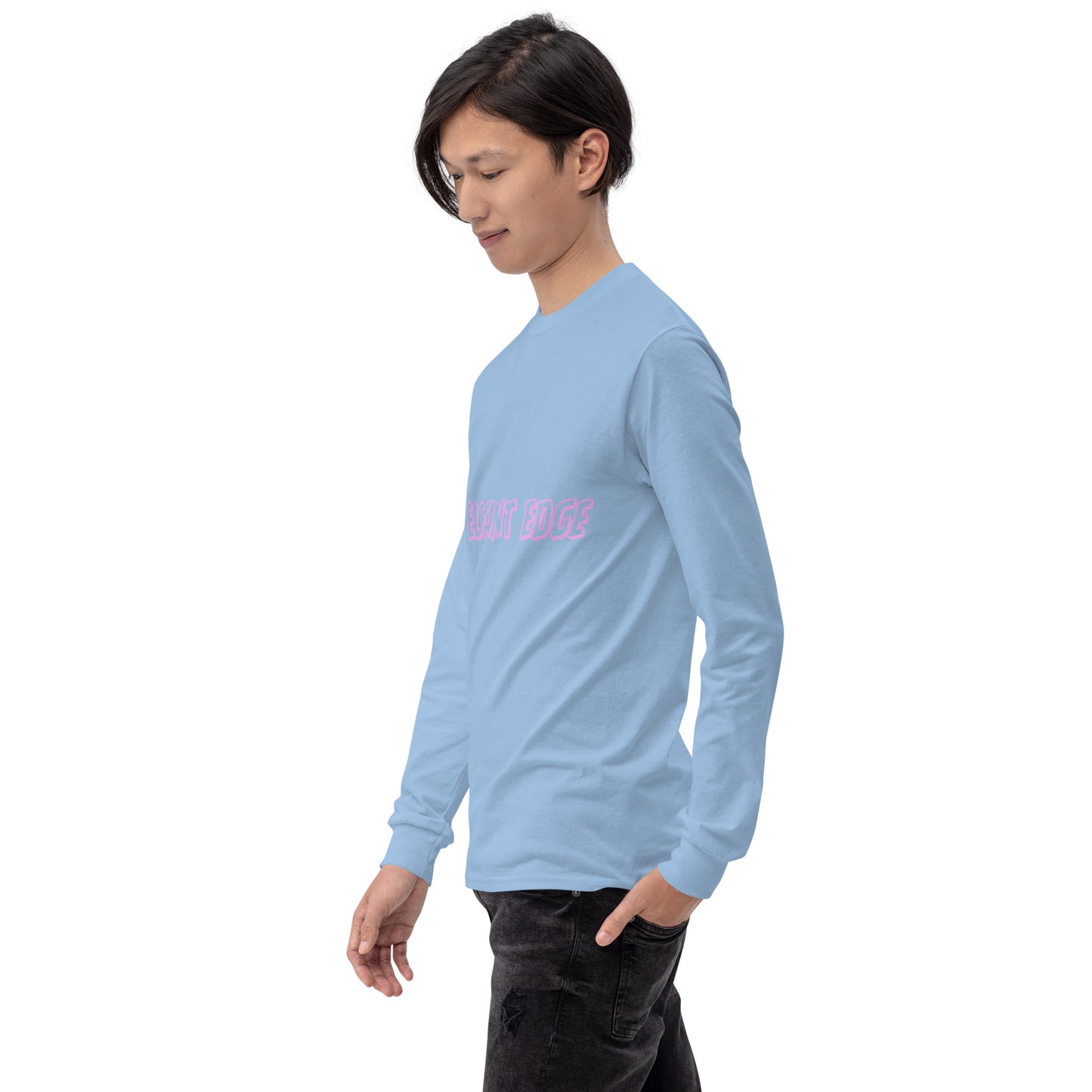 Image 34 of Royal Noir Edge Men's Long Sleeve Shirt - Left Placement, size M, with Elegant Edge artwork visible in front view, left-side angle.