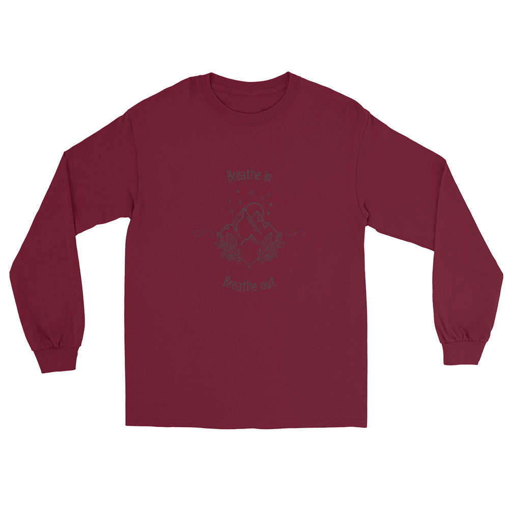 Exhale Men's Long Sleeve Shirt - Left Placement image 2: Black version, size M with front view of the Breathe in and Breathe Out range.