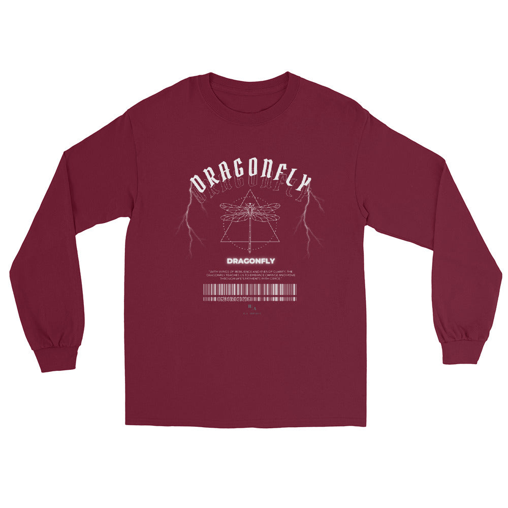 Image 2 of Black Dragonfly Men's Long Sleeve Shirt - Left Placement, size M, with Dragonfly artwork visible in front view.
