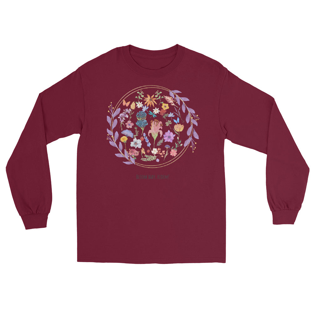 Image 3 of Black Bloomrise Men's Long Sleeve Shirt - Left Placement, size L, with Bloom Baby Bloom artwork visible in front view.