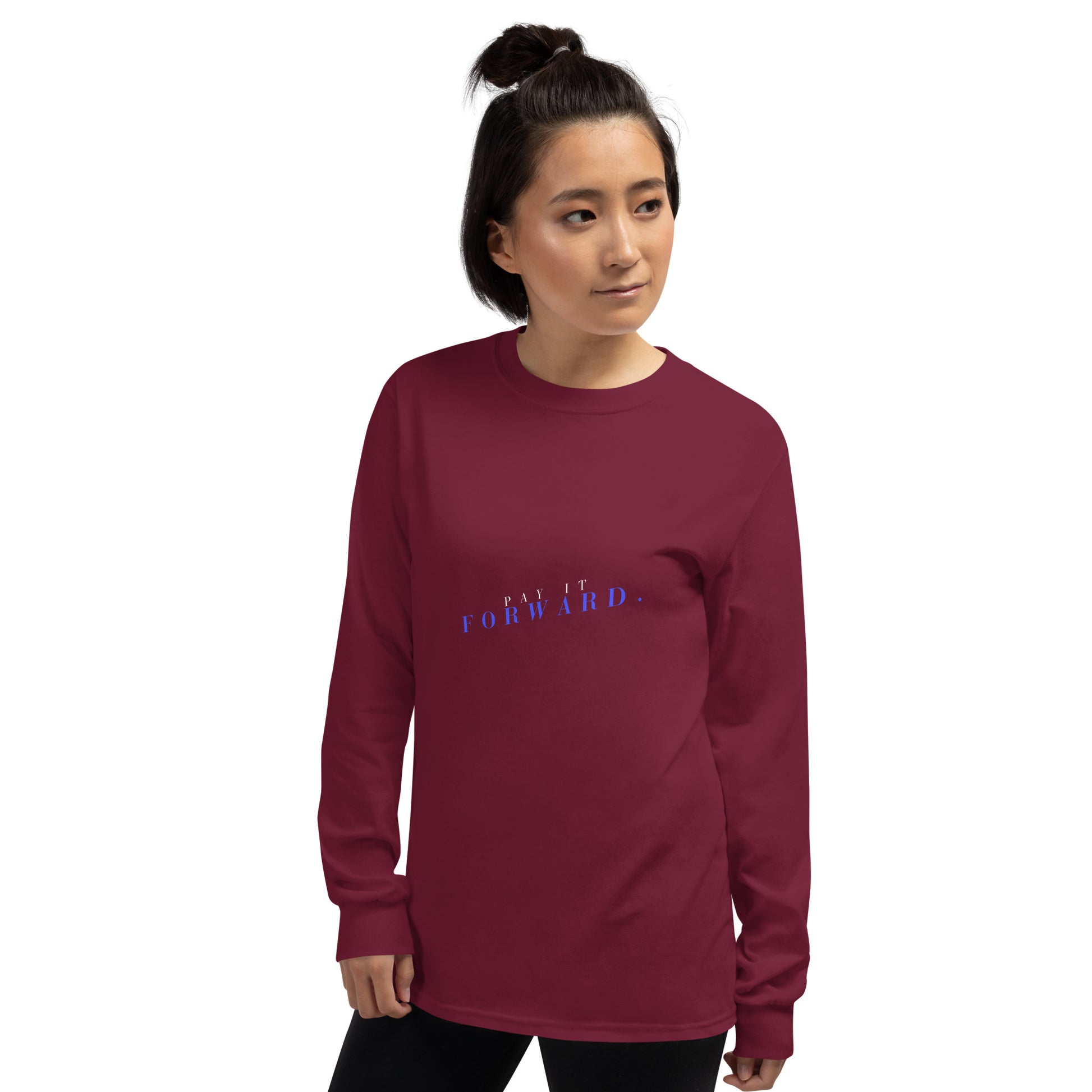 Forward Kind Men's Long Sleeve Shirt - Left Placement image 13 in Navy, size 3XL, showing front view, left-side angle for the Pay It Forward design.