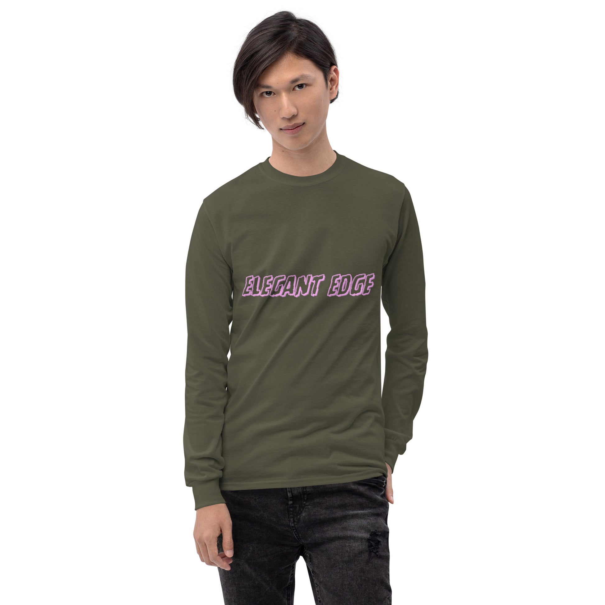 Noir Edge Men's Long Sleeve Shirt - Left Placement image 43 in Military Green, size 2XL, showing front view for the Elegant Edge design.