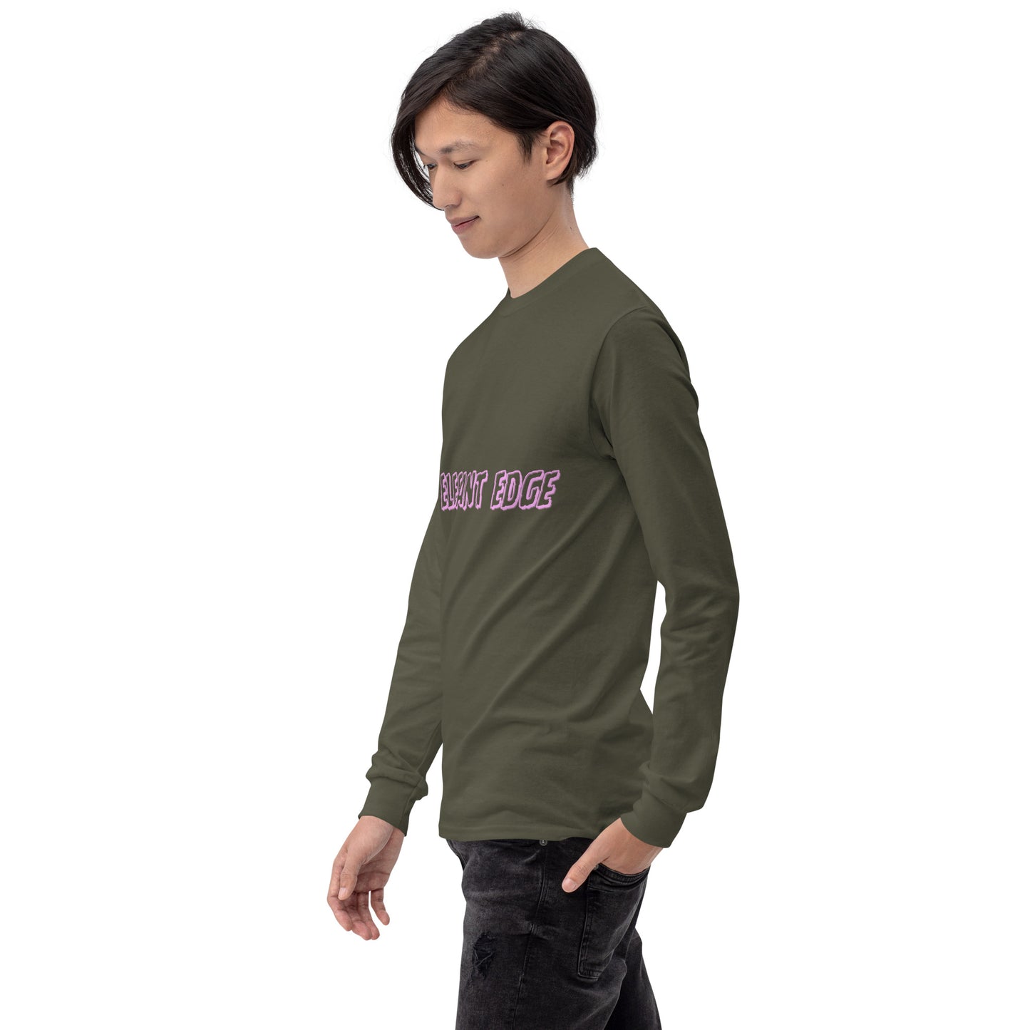Noir Edge Men's Long Sleeve Shirt - Left Placement image 46 in Indigo Blue, size S, showing front view, left-side angle for the Elegant Edge design.