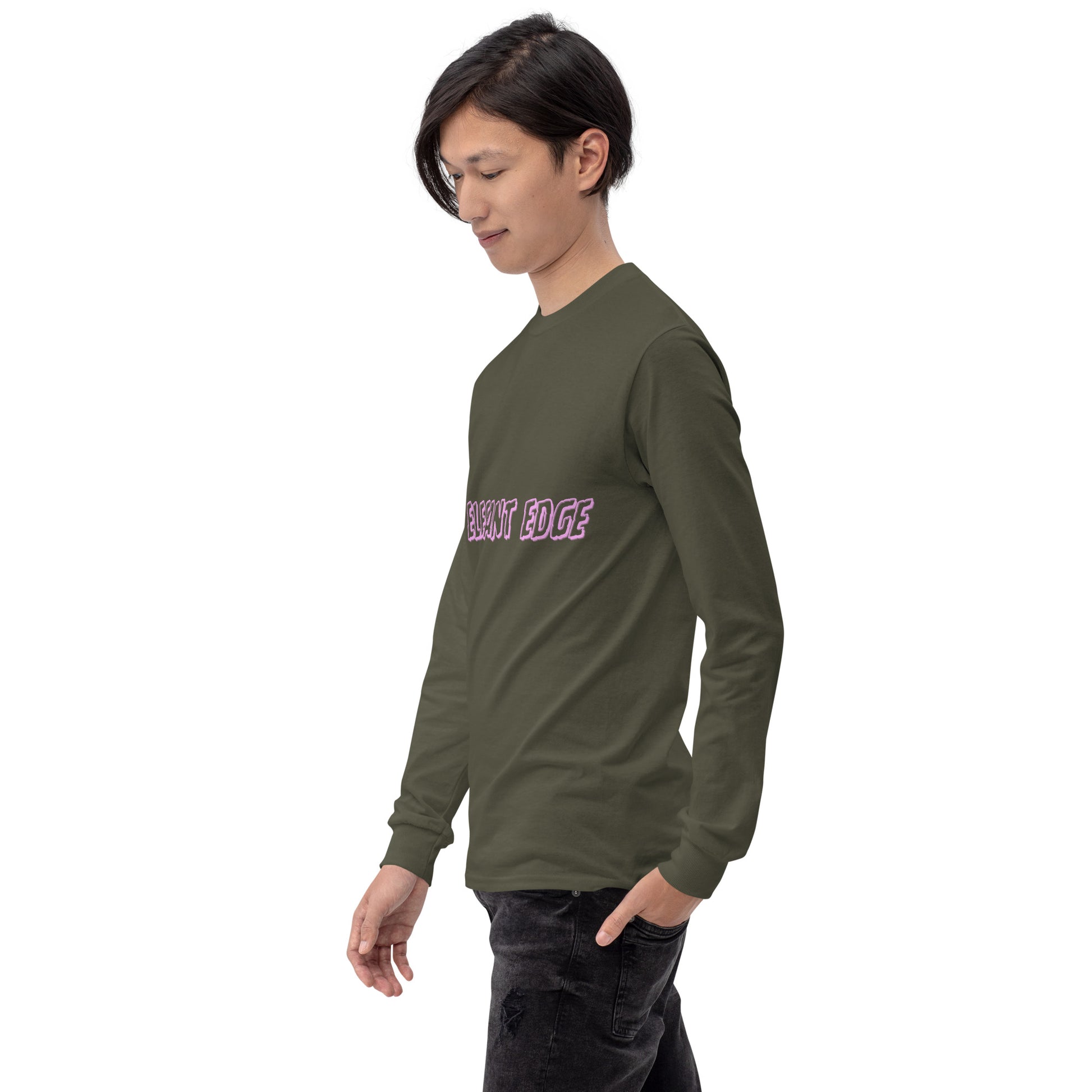 Noir Edge Men's Long Sleeve Shirt - Left Placement image 46 in Indigo Blue, size S, showing front view, left-side angle for the Elegant Edge design.