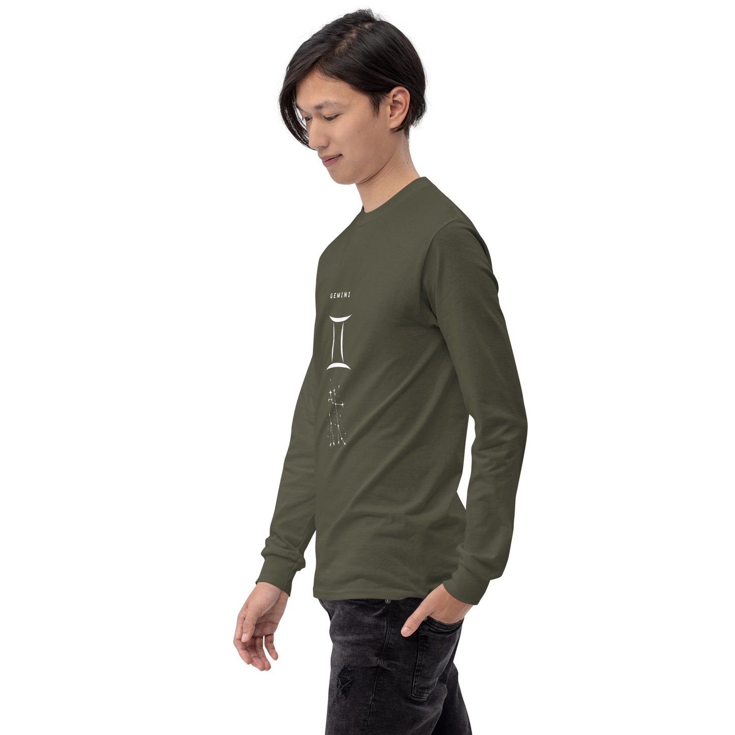Twin Signal Men's Long Sleeve Shirt - Left Placement image 40 in Indigo Blue, size 2XL, showing front view, left-side angle for the Gemini design.