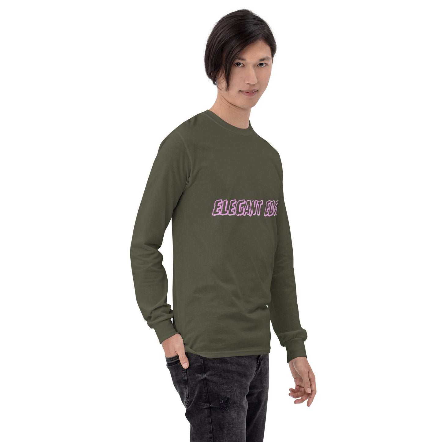 Noir Edge Men's Long Sleeve Shirt - Left Placement by R.A. Apparel, image 48, front view, right-side angle, Indigo Blue, size L, left placement.