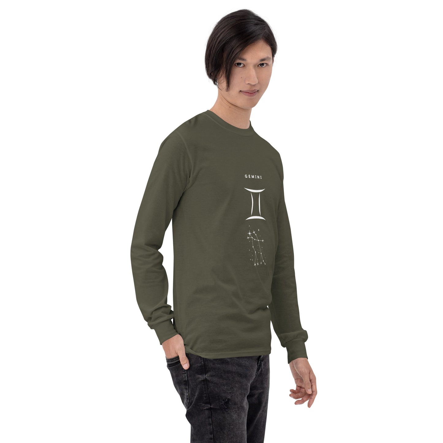 Twin Signal Men's Long Sleeve Shirt - Left Placement image 42 in Irish Green, size M, showing front view, right-side angle for the Gemini design.