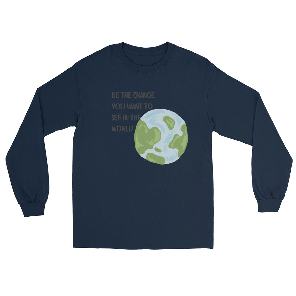 Image 3 of Black Change Signal Men's Long Sleeve Shirt - Left Placement, size L, with Be the Change artwork visible in front view.