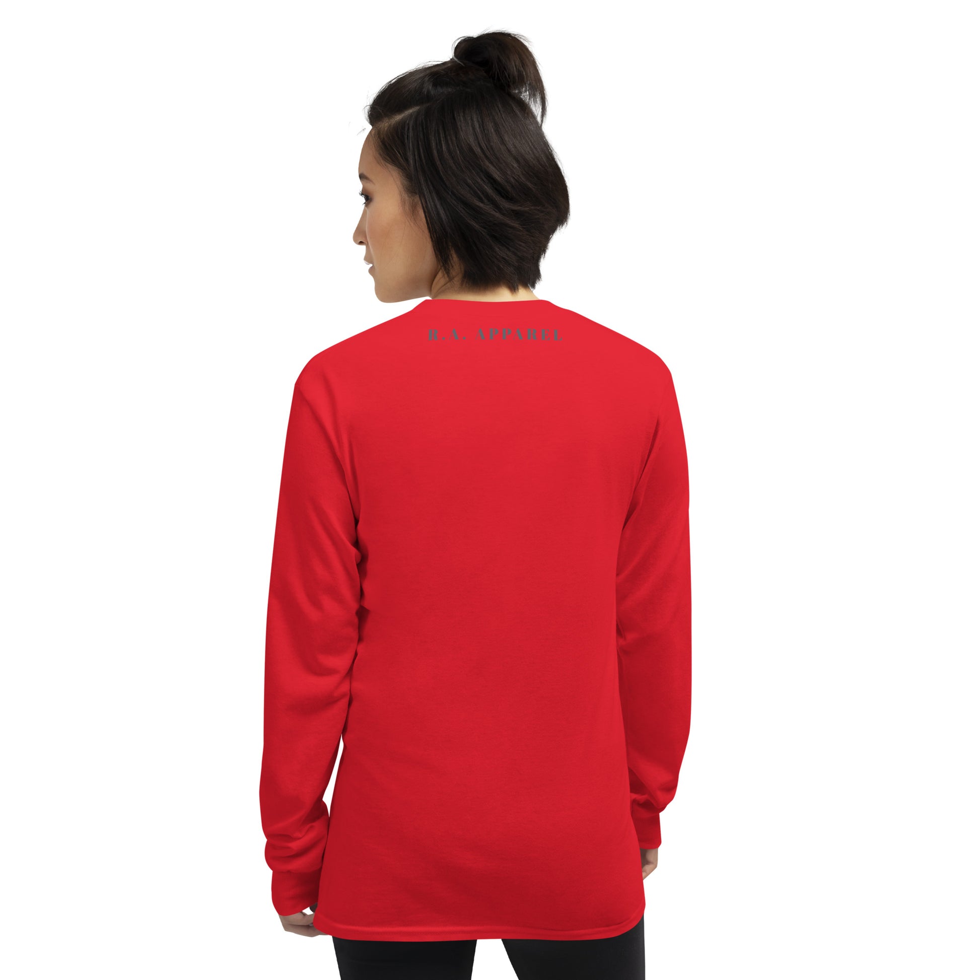 Forward Kind Men's Long Sleeve Shirt - Left Placement by R.A. Apparel, image 20, back view, Forest Green, size S, left placement.