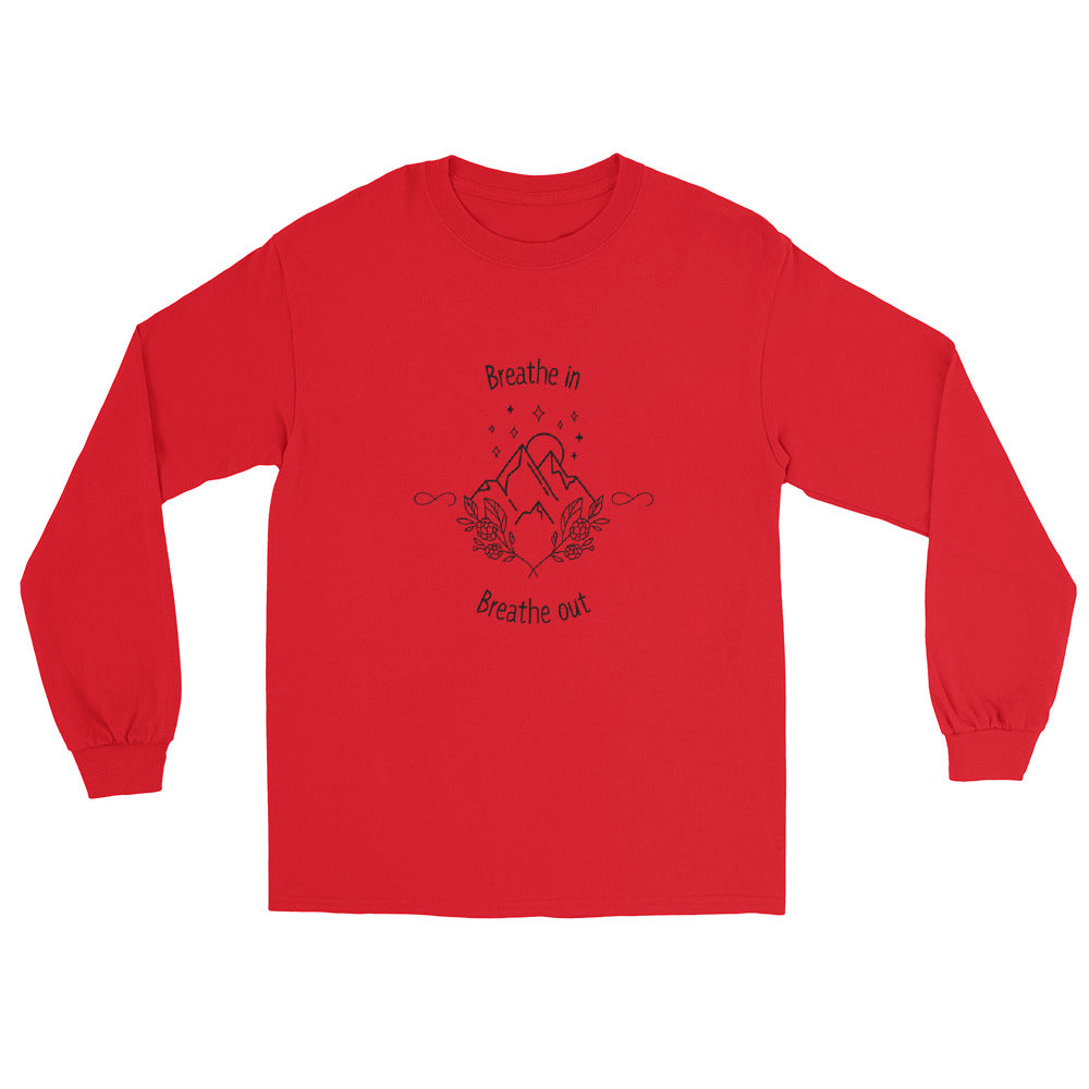 Exhale Men's Long Sleeve Shirt - Left Placement image 4 in Black, size XL, showing front view for the Breathe in and Breathe Out design.