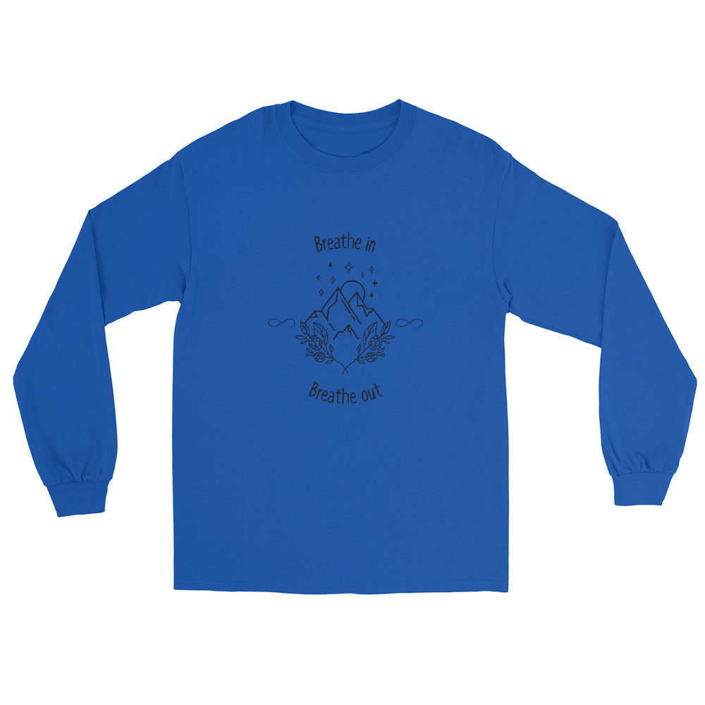 Exhale Men's Long Sleeve Shirt - Left Placement image 5: Black version, size 2XL with front view of the Breathe in and Breathe Out range.
