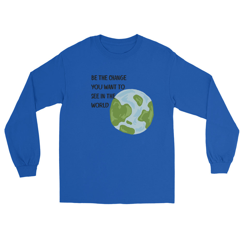 Change Signal Men's Long Sleeve Shirt - Left Placement image 6 in Navy, size S, showing front view for the Be the Change design.