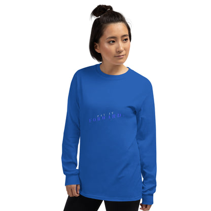 Image 21 of Forest Green Forward Kind Men's Long Sleeve Shirt - Left Placement, size M, with Pay It Forward artwork visible in front view, left-side angle.