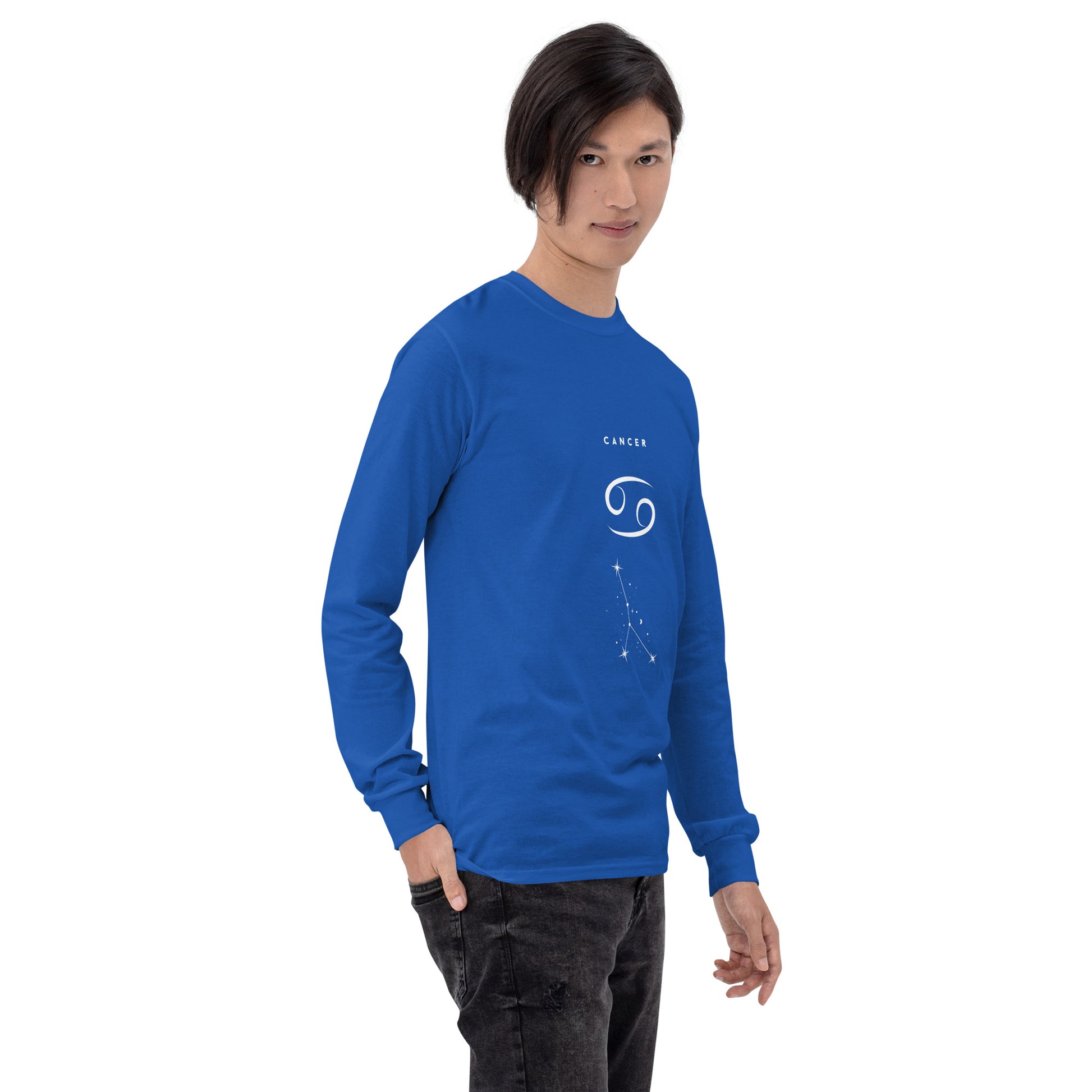 Moonhaven Long Sleeve Shirt image 36 in Indigo Blue, size S, showing front view, right-side angle for the Cancer design.