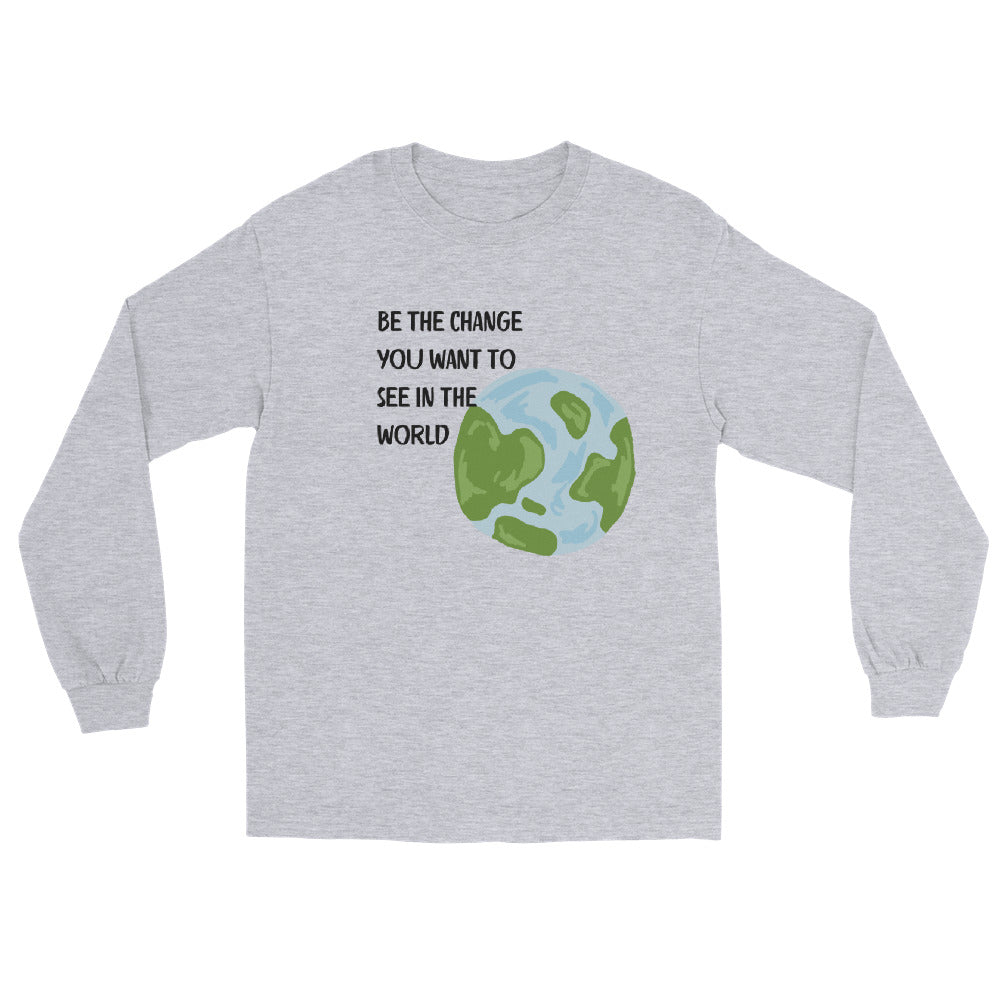 Image 1 of Black Change Signal Men's Long Sleeve Shirt - Left Placement, size S, with Be the Change artwork visible in front view.
