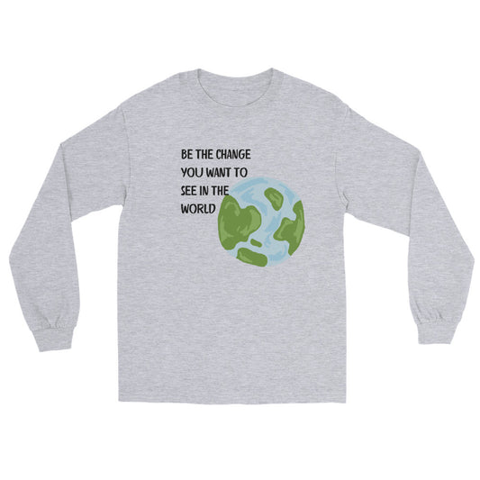 Image 1 of Black Change Signal Men's Long Sleeve Shirt - Left Placement, size S, with Be the Change artwork visible in front view.