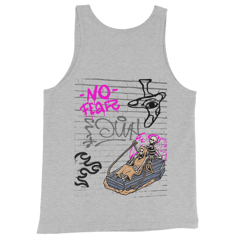 Fearless Men's Tank Top - Left Placement image 5: Black version, size XL with back view of the No Fear range.