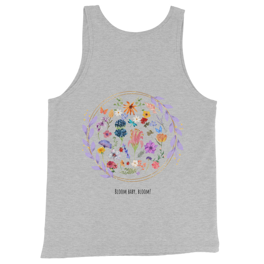 Bloomrise Men's Tank Top - Left Placement image 5: Black version, size XL with back view of the Bloom Baby Bloom range.
